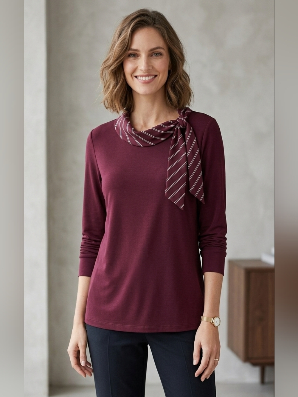 Ann Taylor Maroon Blouse with Striped Scarf Long Sleeve Size Large Petite EUC